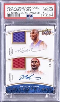 2009-10 UD Ballpark Collection "UD Spokesmen Dual Swatch Autograph" #UDABJ Kobe Bryant/LeBron James Dual Signed Game Used Jersey Card (#09/10) – PSA EX-MT 6